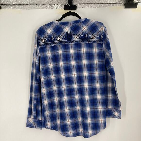 Affliction Lace Up Western Aztec Embroidered Snap Up Blue Plaid Women Small NEW - Picture 4 of 14